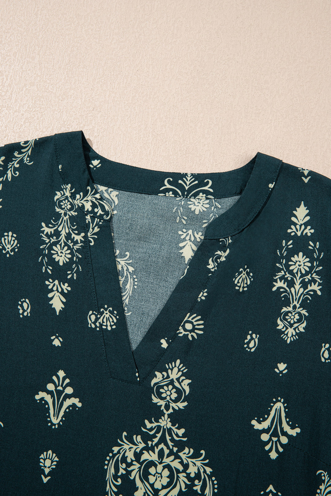 Blue Boho Floral Print Lettuce Trim 3/4 Sleeve Mini Dress