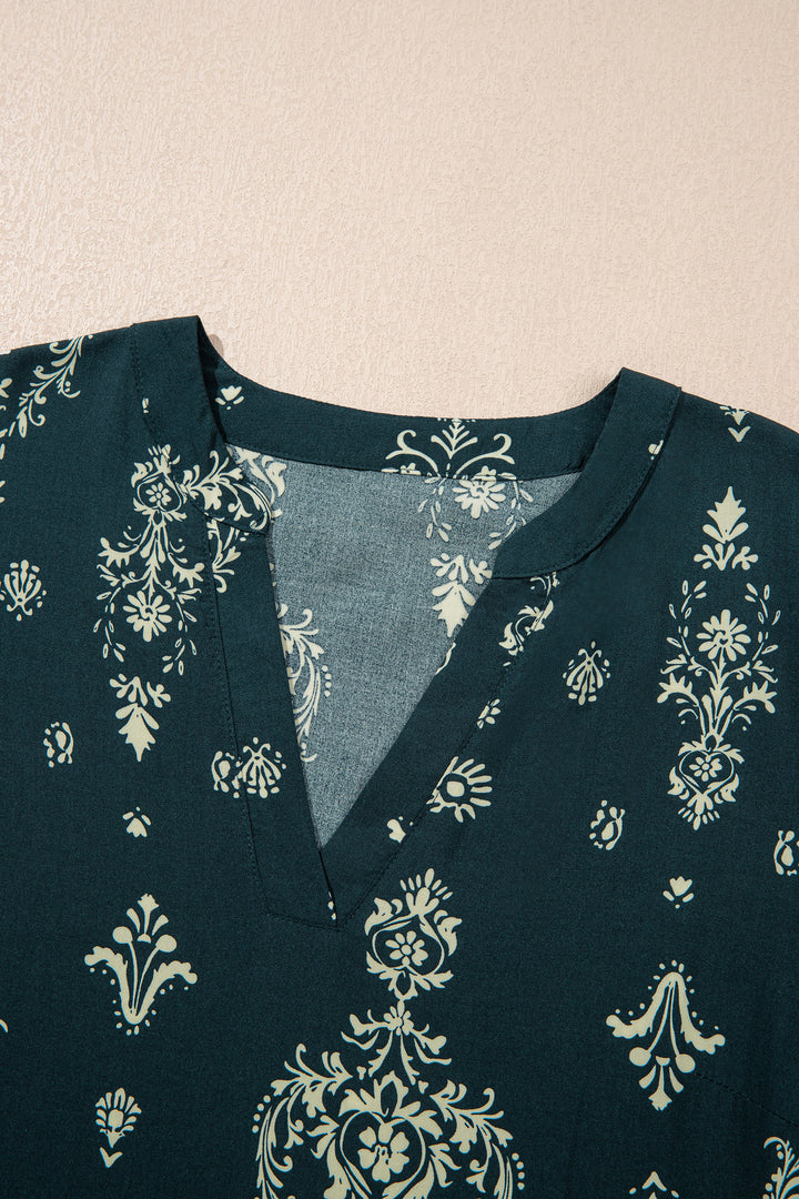 Blue Boho Floral Print Lettuce Trim 3/4 Sleeve Mini Dress