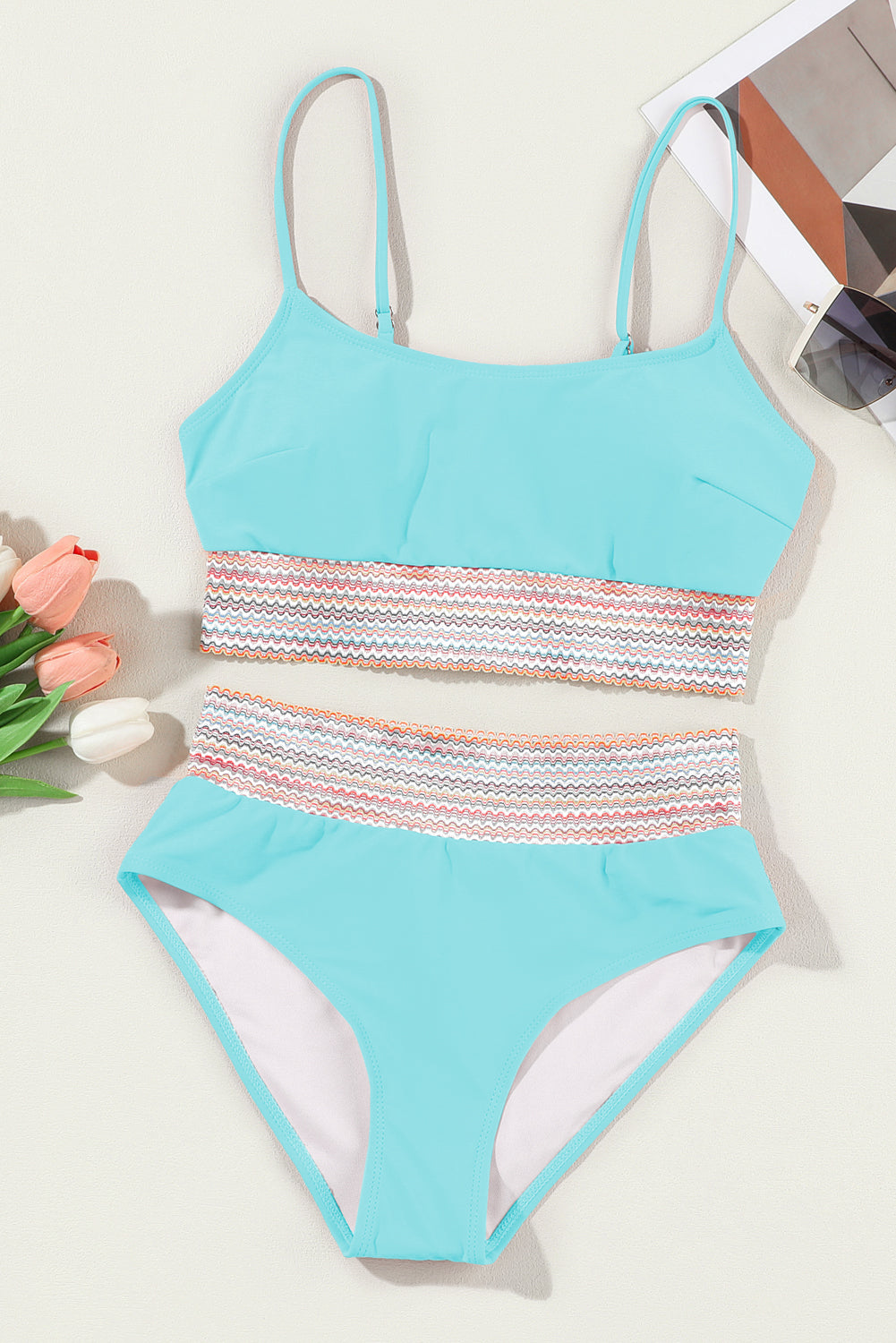 Sky Blue Striped Patchwork Spaghetti Strap High Waist Bikini Swimsuit