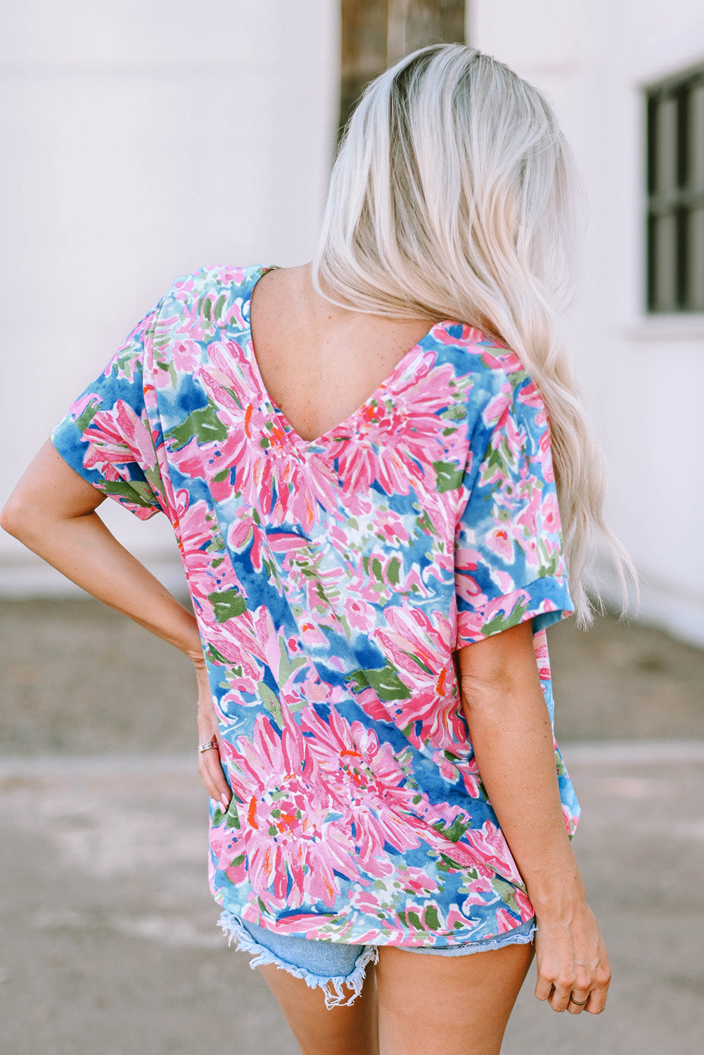 Pink Floral Print Loose Fit V Neck T Shirt