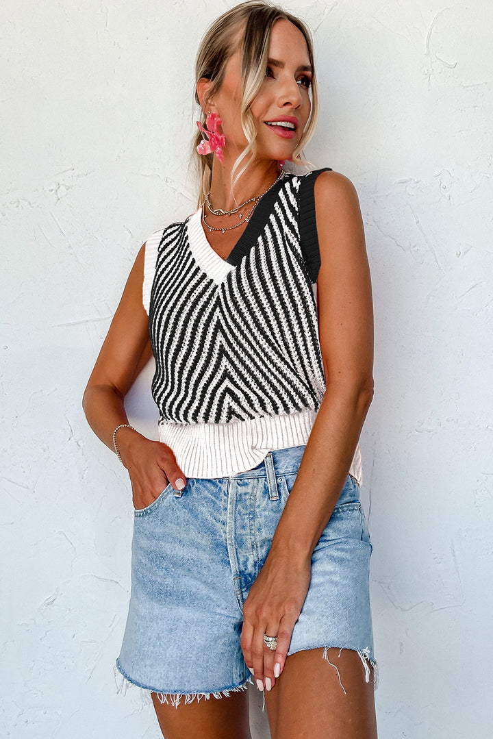 Black Contrast Chevron Knit V Neck Sweater Vest