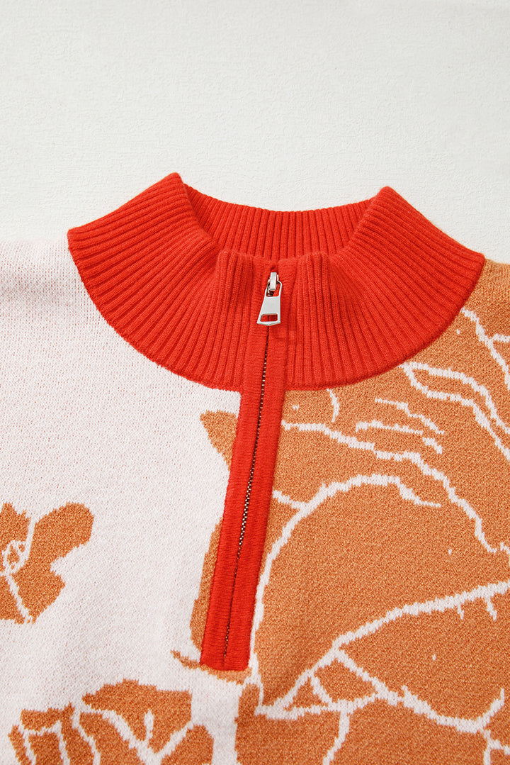 Khaki Floral Half Zip Collared Pullover Sweater