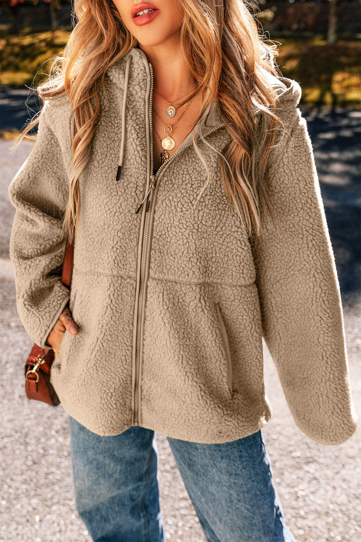 Beige Fleece Zip Up Drawstring Hooded Pocketed Jacket
