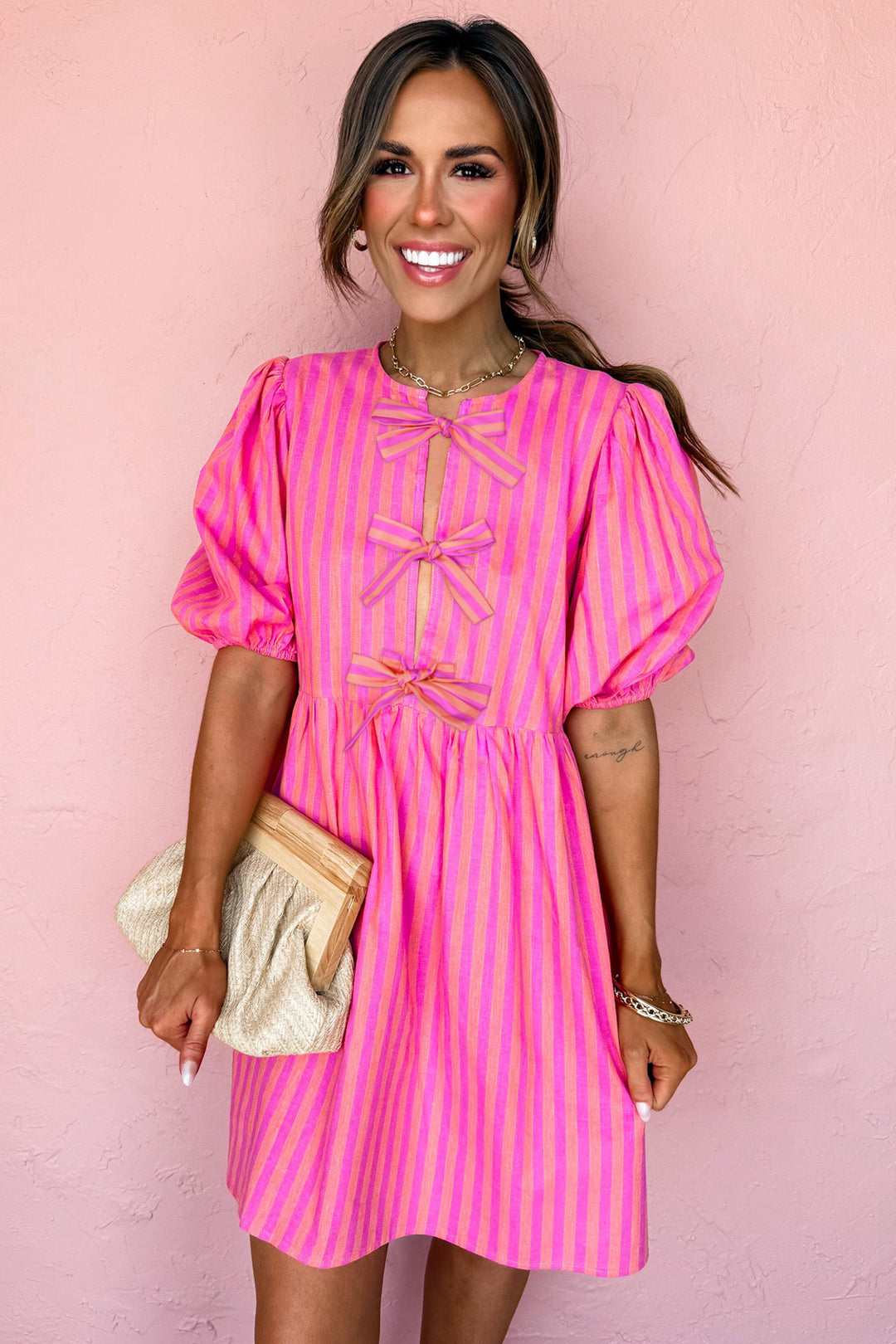 Rose Striped Print Bow Detail Short Puff Sleeve Mini Dress