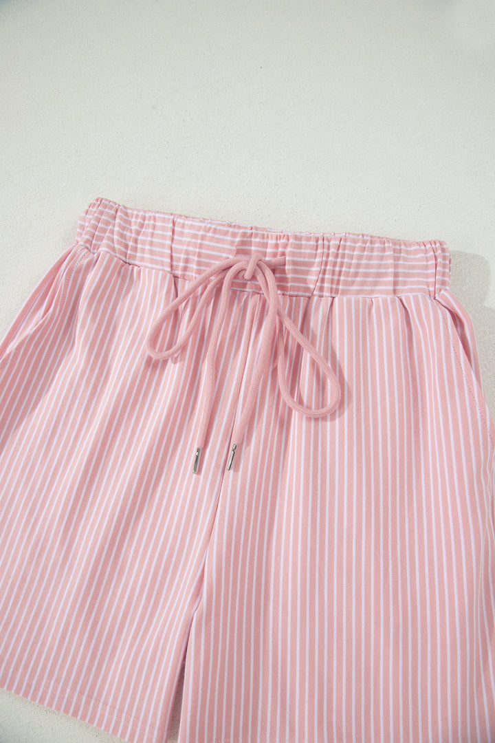 Pink Stripe Dolman Sleeve Polo Shirt and Drawstring Shorts Set