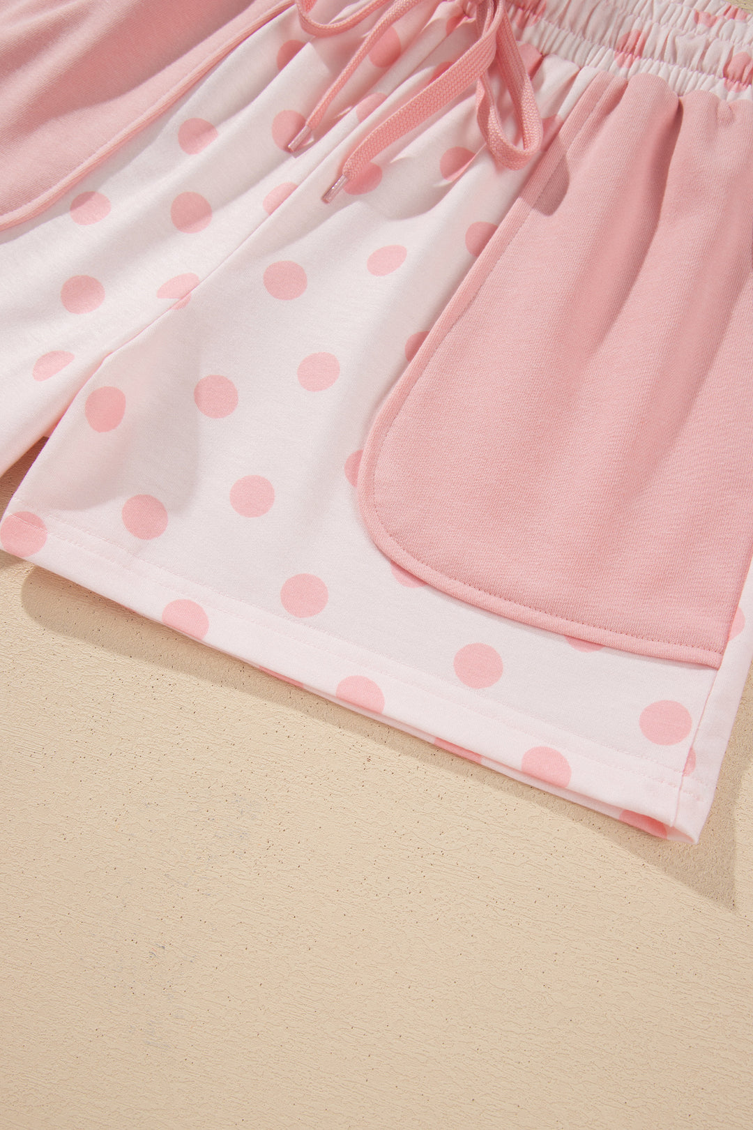 Pink Polka Dot Drop Shoulder Polo Loose Pullover Patch Pocket Casual Shorts Set
