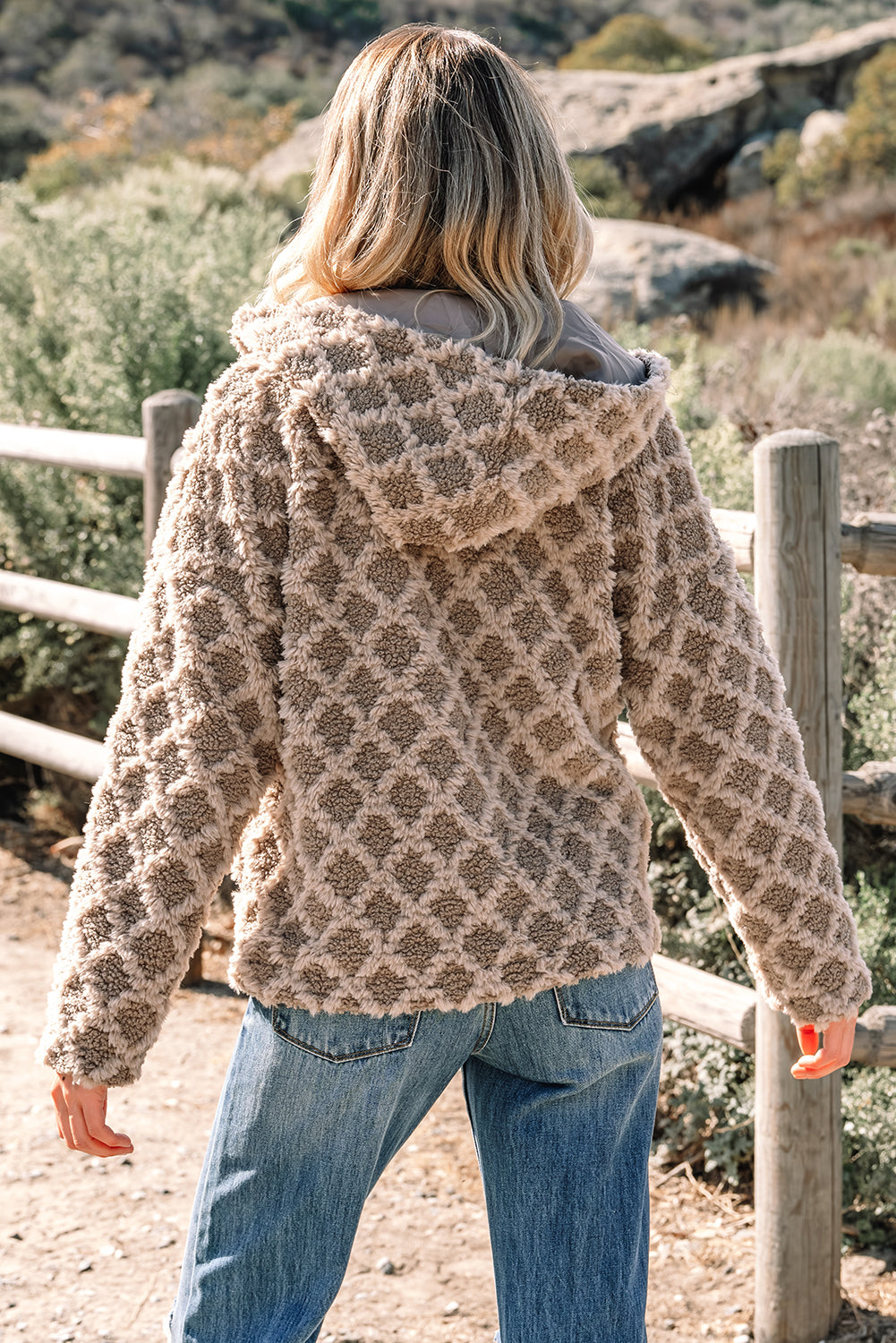 Chestnut Sherpa Rhombus Zip Up Side Pocket Hooded Jacket