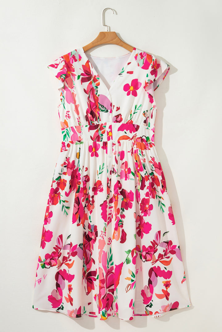 Pink Floral Print V Neck Ruffle Sleeve Plus Size Midi Dress