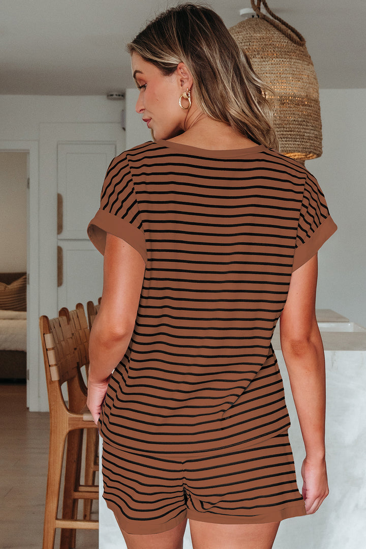Brown Cotton Stripe Ribbed Dolman Tee Elastic Waist Casual Short Set