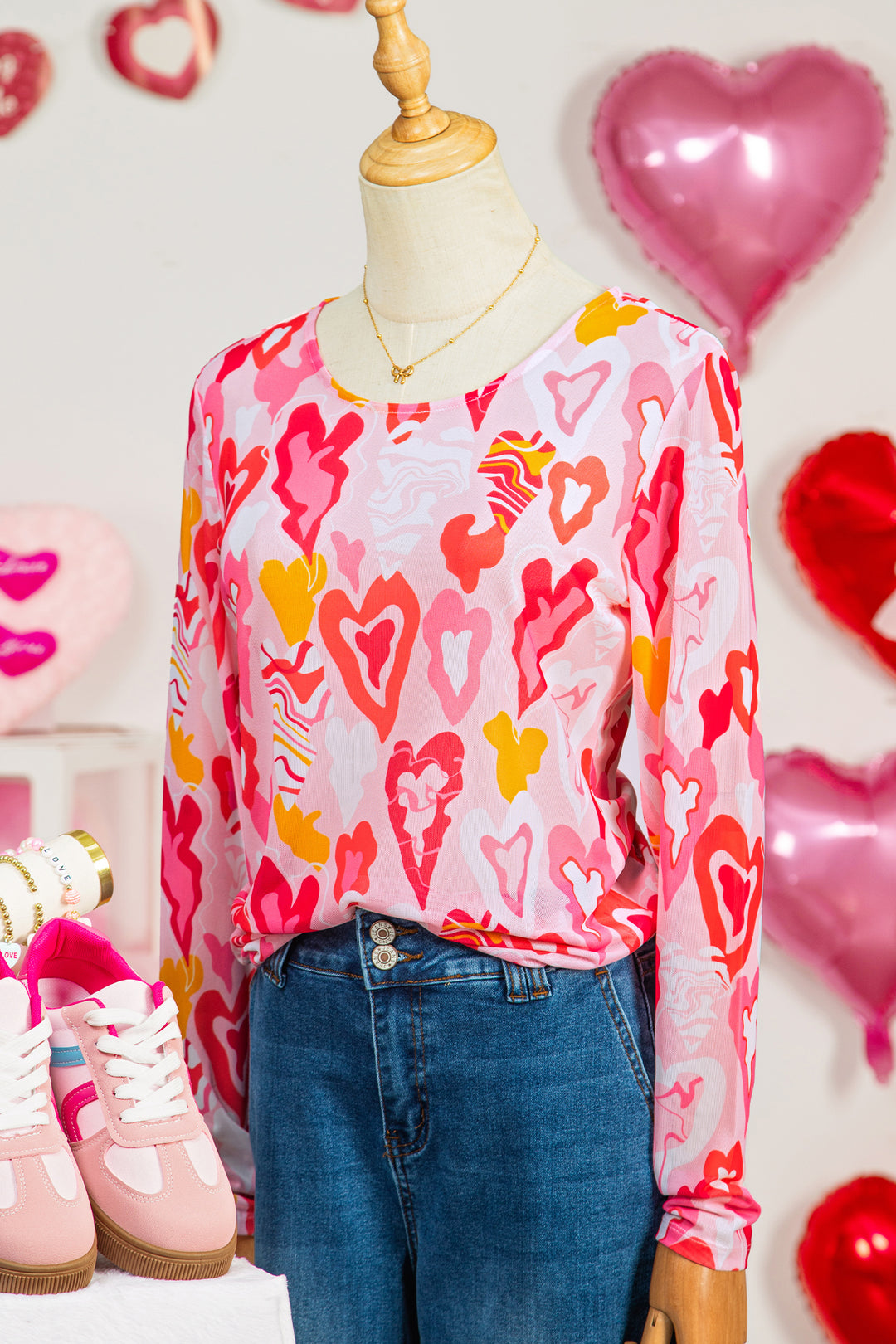 Rose Valentine Heart Mesh Long Sleeve Top