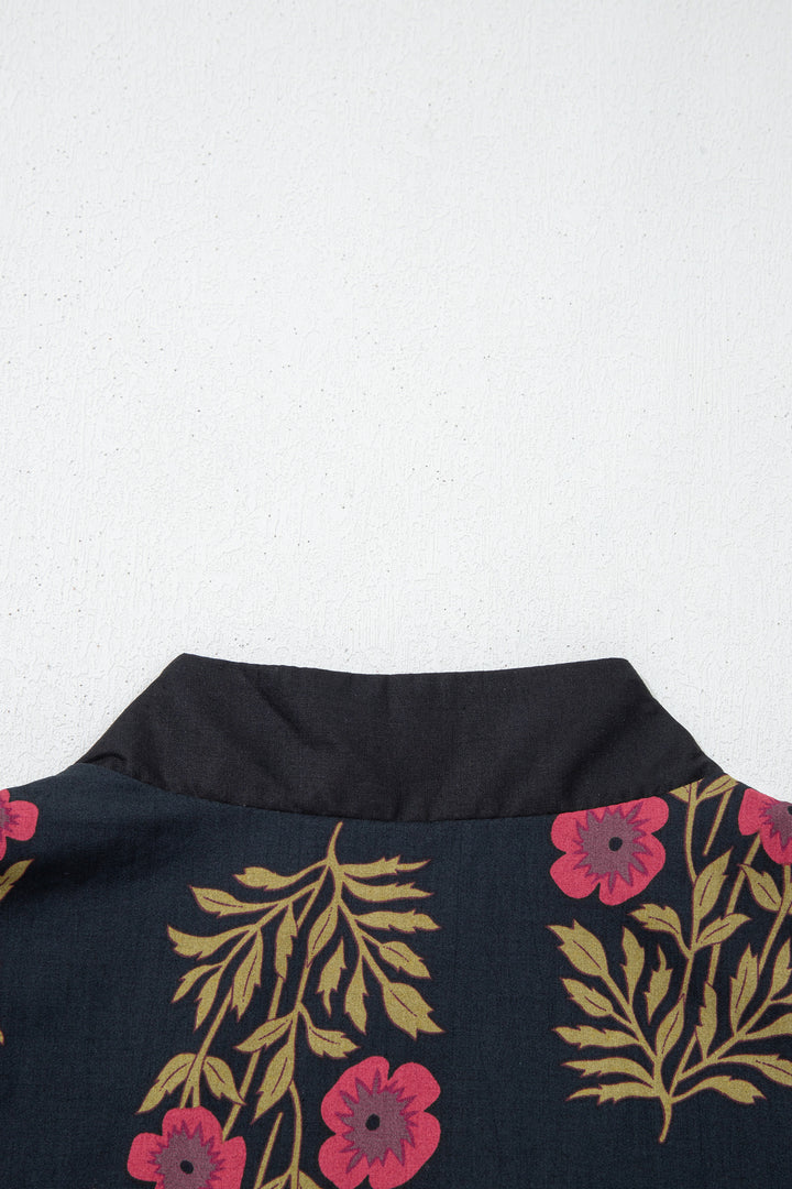Black Floral Print Notched Neck Piping Trim Bracelet Sleeve Babydoll Dress