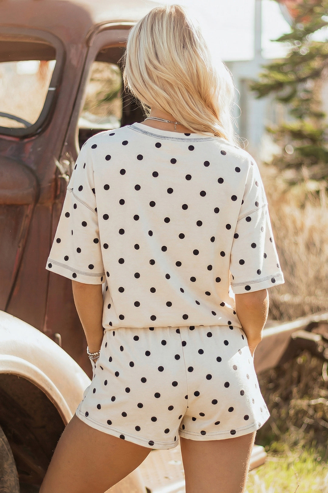 White Exposed Seam Detail Polka Dot Loose Tee Drawstring Shorts Set