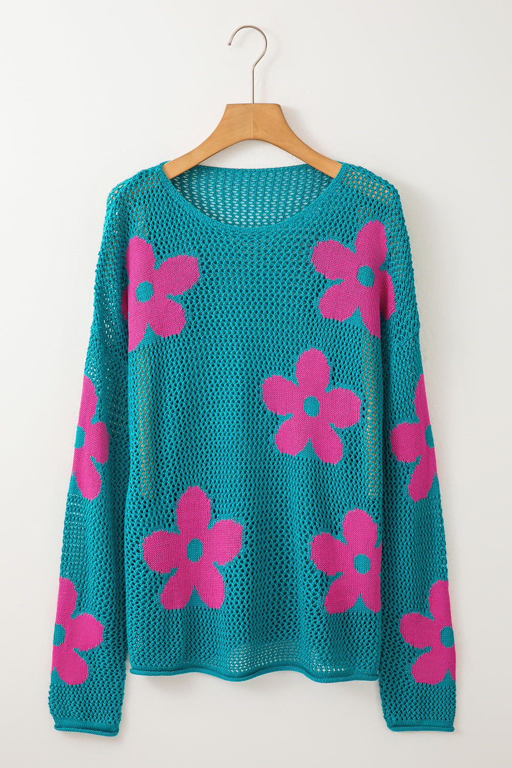 Sea Green Big Flower Hollowed Knit Drop Shoulder Sweater | Women