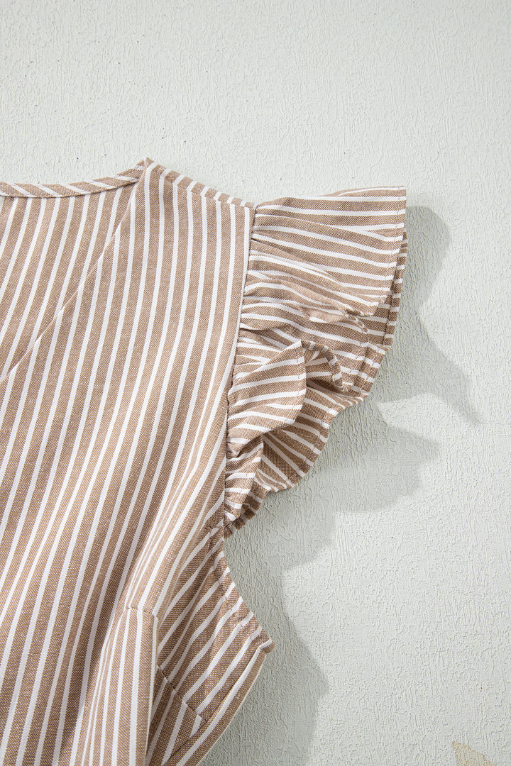 Khaki Stripe Flutter Sleeve Buttoned Front Slit Maxi Dress