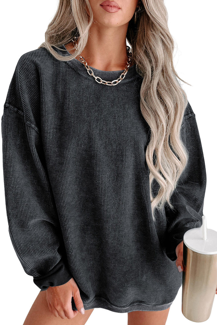 Black Solid Ribbed Knit Round Neck Pullover Sweatshirt