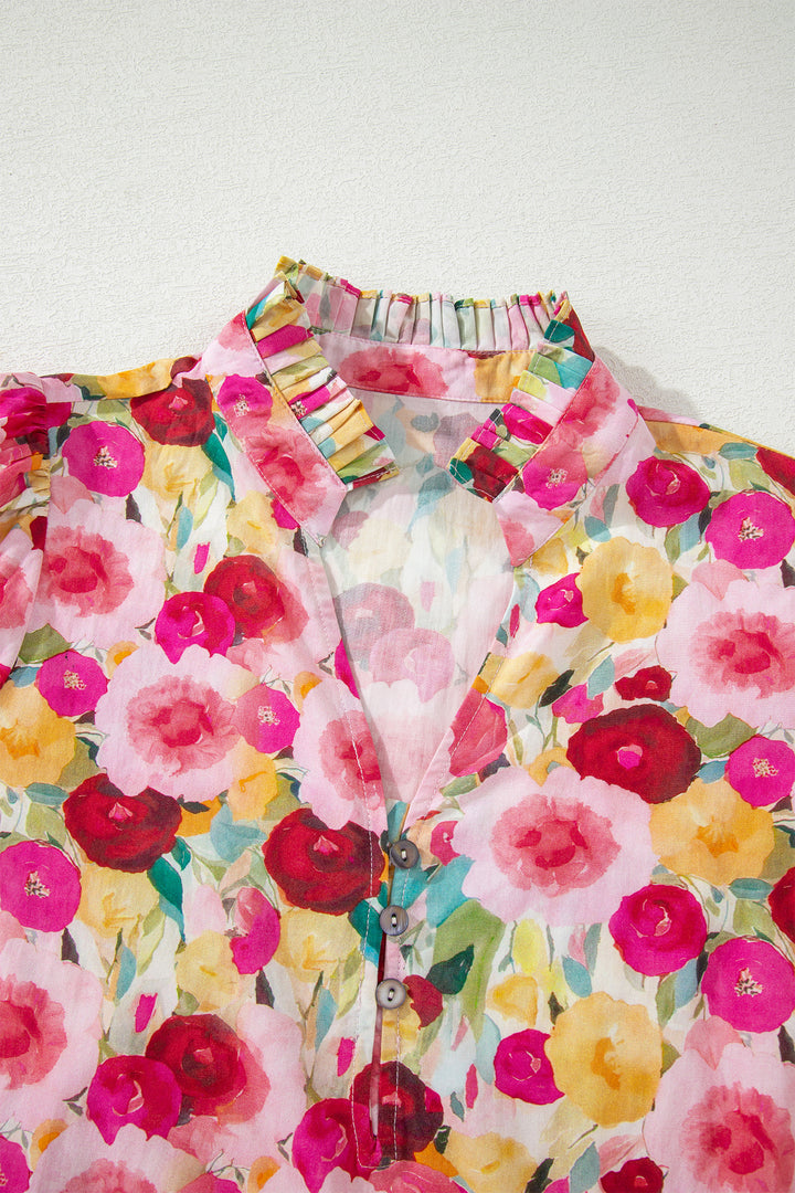 Pink Floral Frilled V Neck Puff Short Sleeve Cotton Blouse