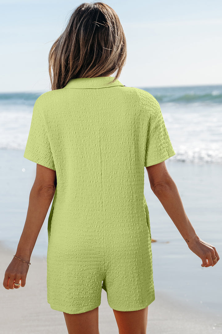 Meadow Mist Green Textured Short Sleeve Patched Pocket Buttoned Shirt Romper