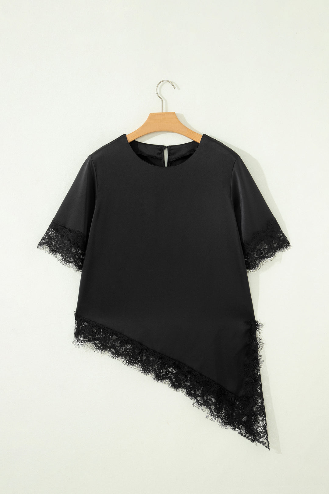 Black Asymmetric Lace Trim Short Sleeve Satin Top