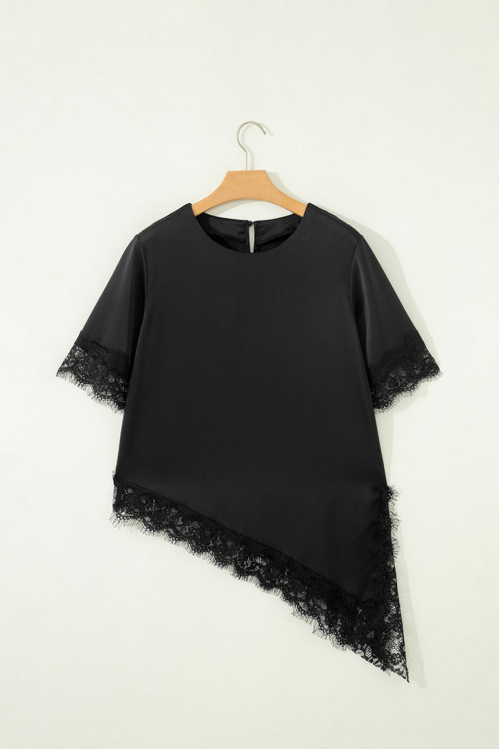 Black Asymmetric Lace Trim Short Sleeve Satin Top