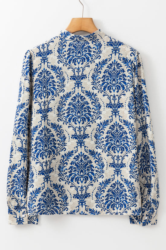 Sky Blue Bohemian Printed Bishop Sleeve Lace Shirt | Women