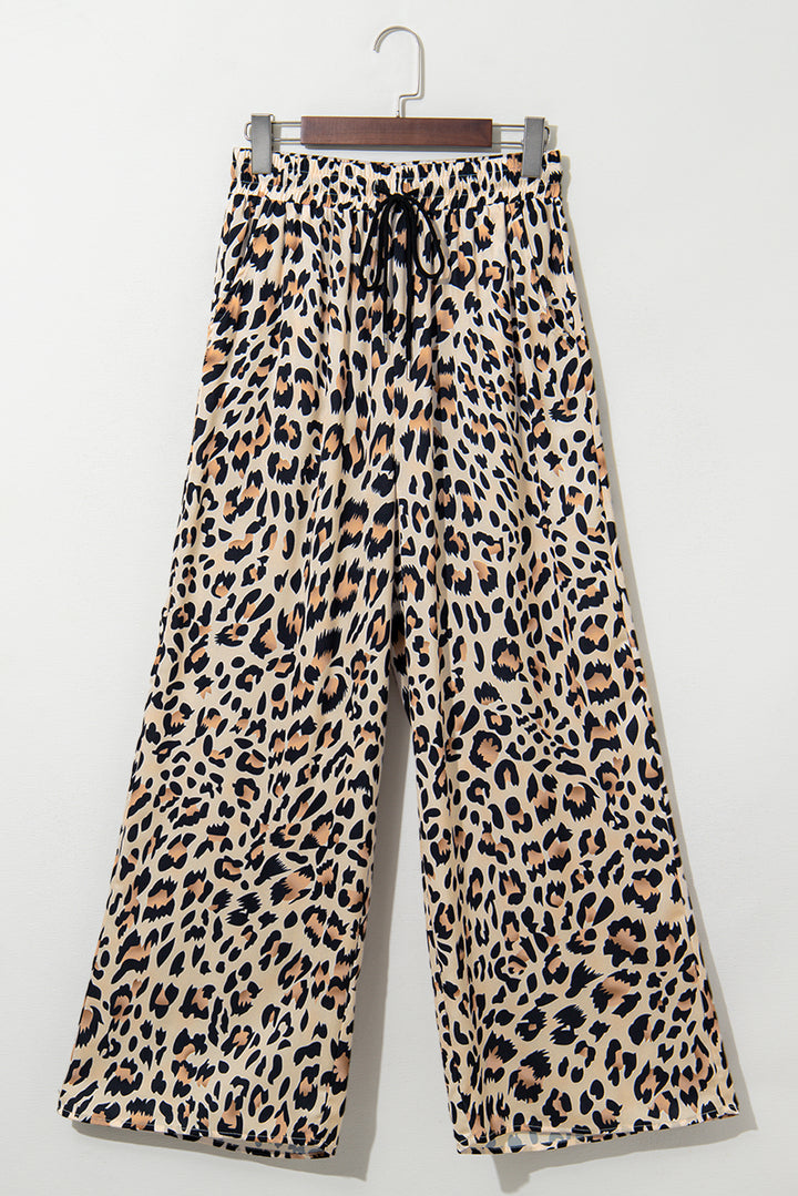 Parchment Leopard Drawstring Elastic Waistband Flowy Wide Leg Pants