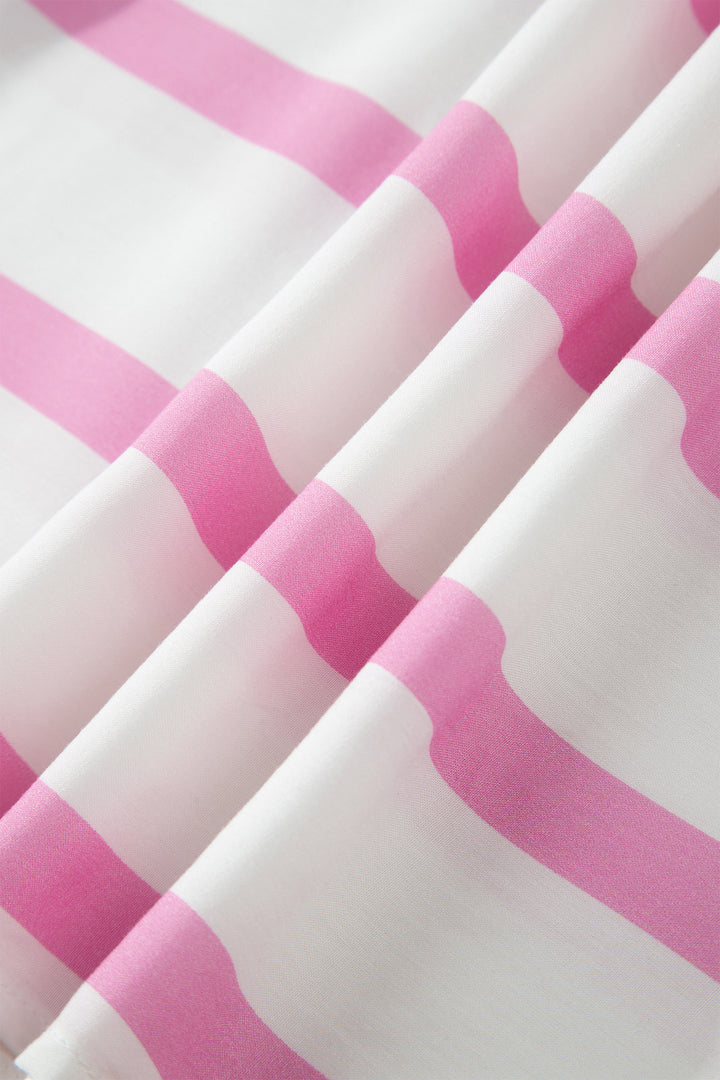 Pink Stripe Ricrac Trim Notched Neck Half Sleeve Vacation Dress