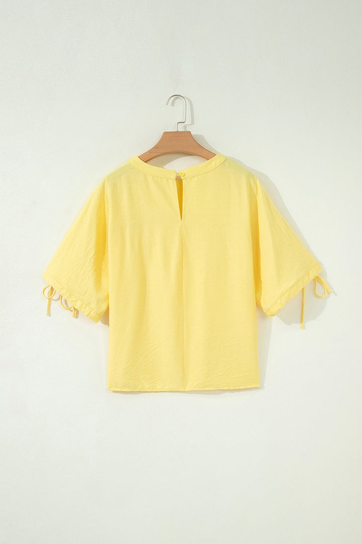 Yellow Cream Tie Half Sleeve Pleated Detail Babydoll Blouse