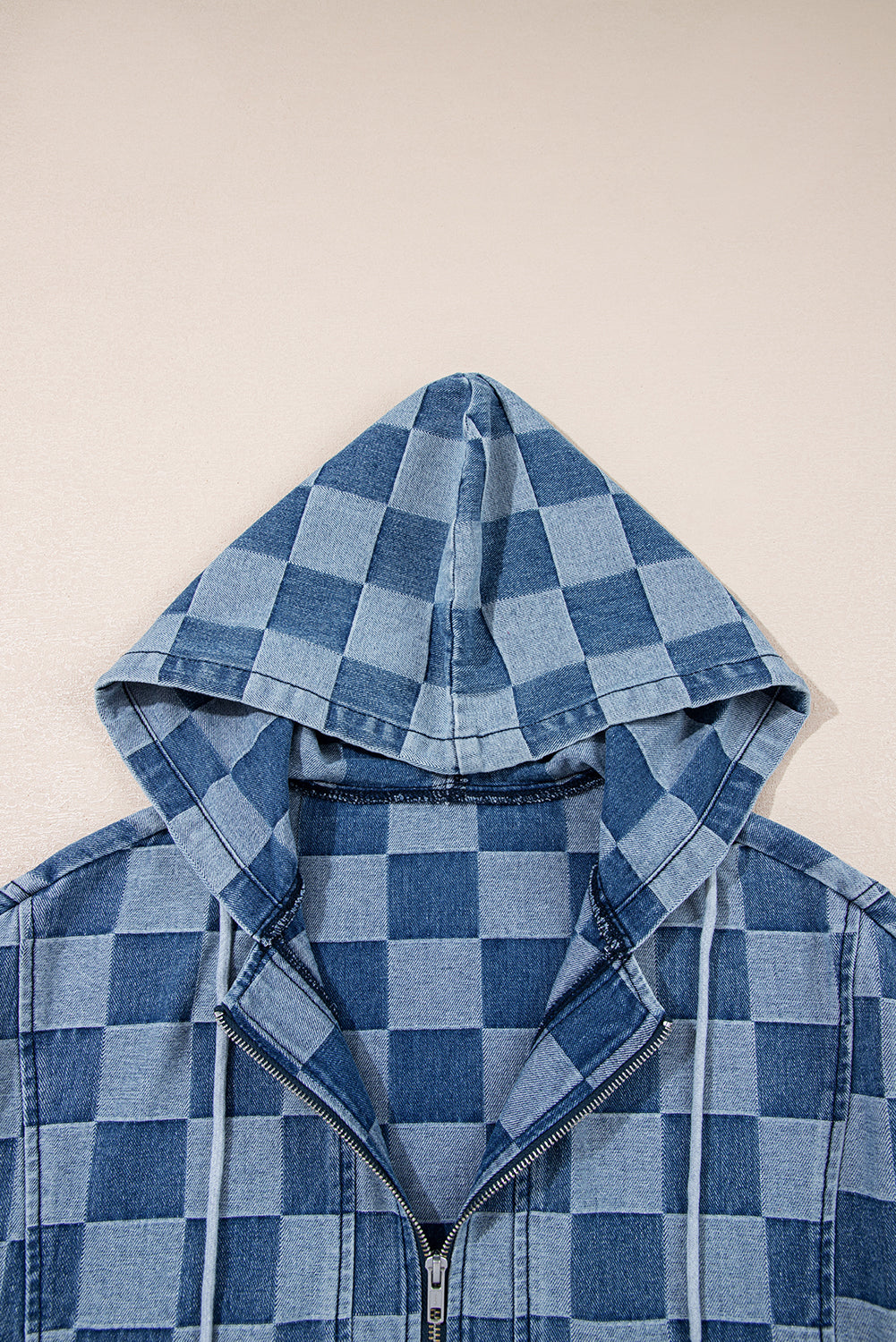 Sky Blue Checkerboard Oversized Zipped Neck Kangaroo Pocket Denim Hoodie