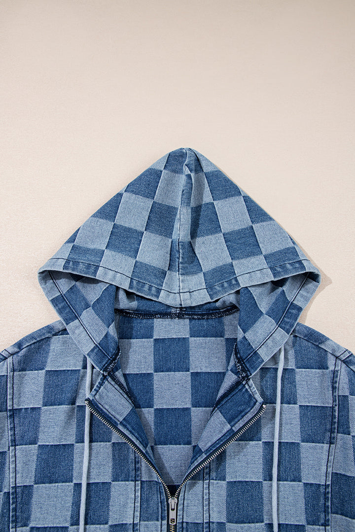 Sky Blue Checkerboard Oversized Zipped Neck Kangaroo Pocket Denim Hoodie