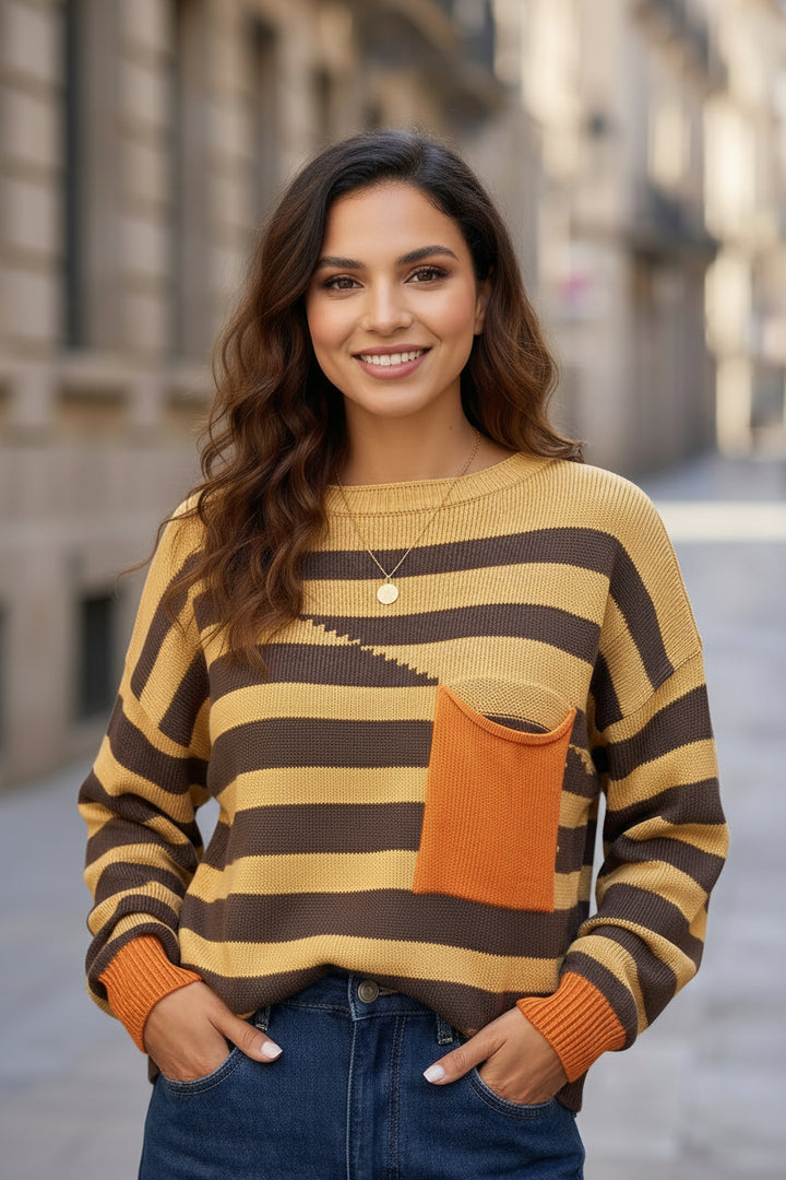 Brown Stripe Striped Drop Shoulder Colorblock Pullover Sweater