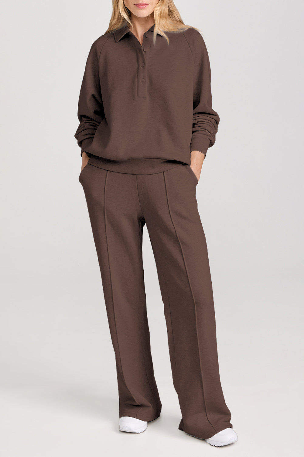 Dark Brown Solid Collared Sweatshirt and High Waist Pants Active Set