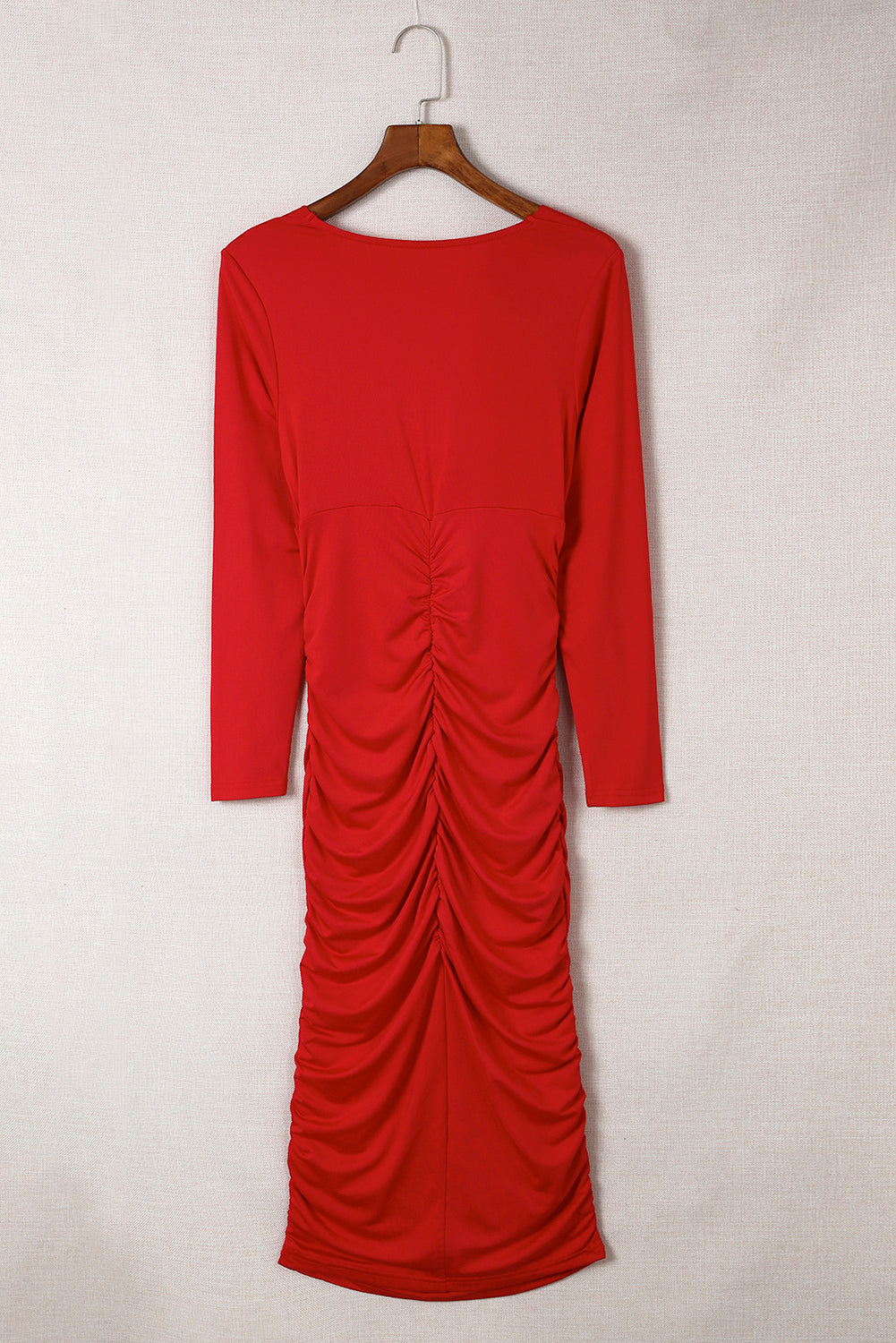 Fiery Red Long Sleeves Wrap V Neck Ruched Sheath Bodycon Dress | Women