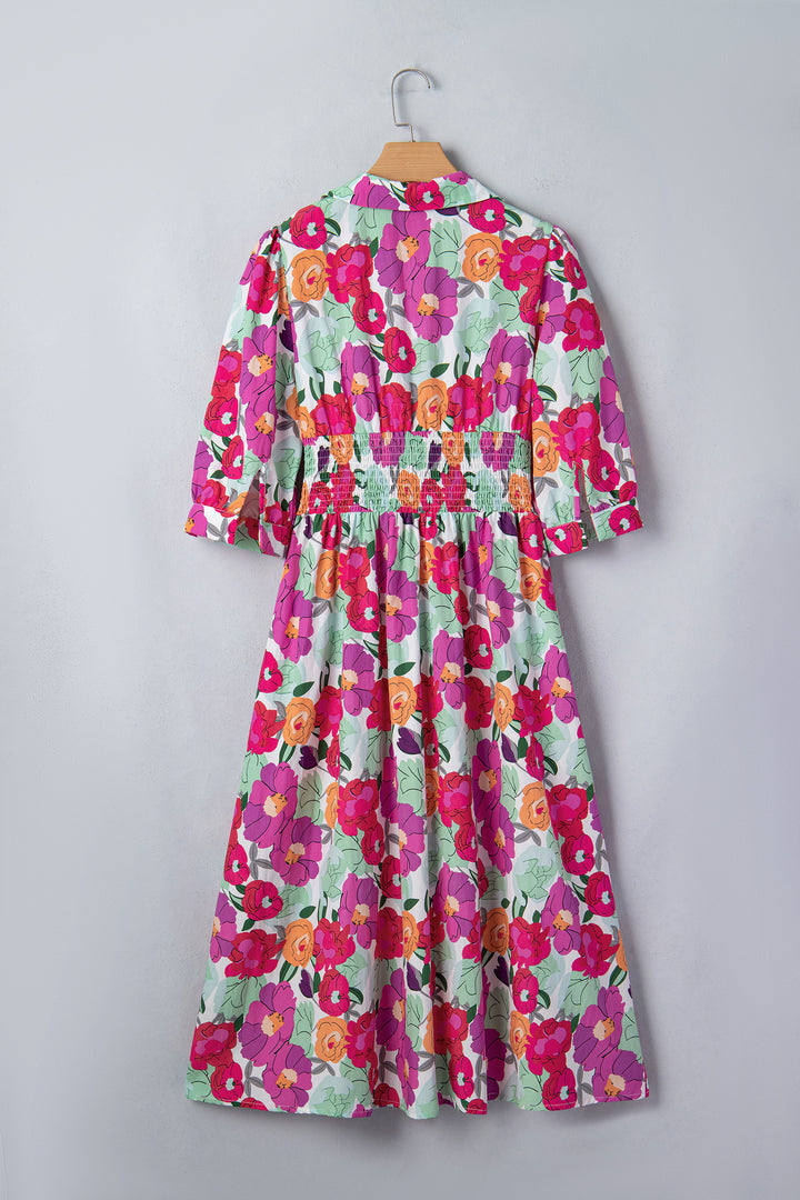 Rose Vibrant Floral Print V Neck Zip Up Puffy Half Sleeve Dress