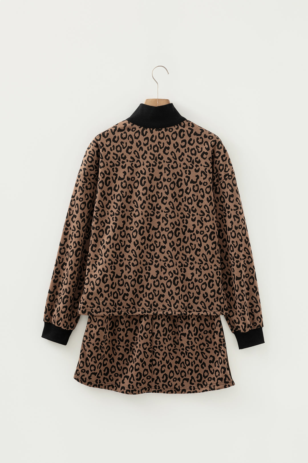 Khaki Leopard Print Quarter Zip Long Sleeve Top Mini Skirt Set