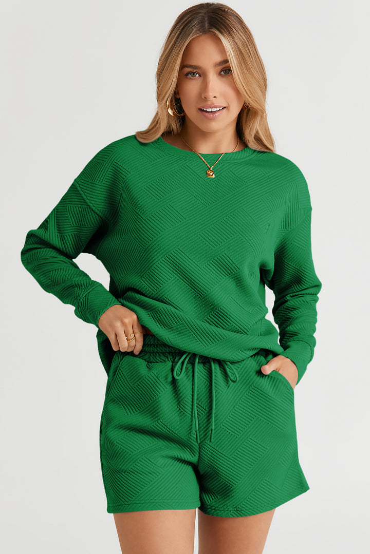 Green Textured Long Sleeve Top and Drawstring Shorts Set | Women