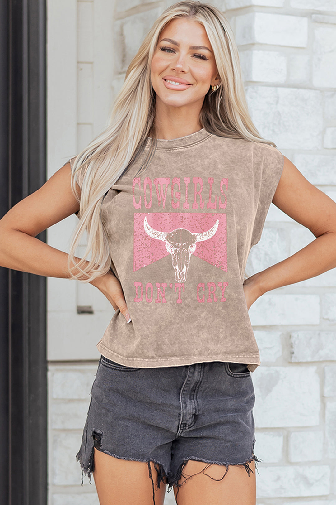 Smoke Gray COWGIRLS DONT CRY Western Graphic Mineral Wash Tank Top