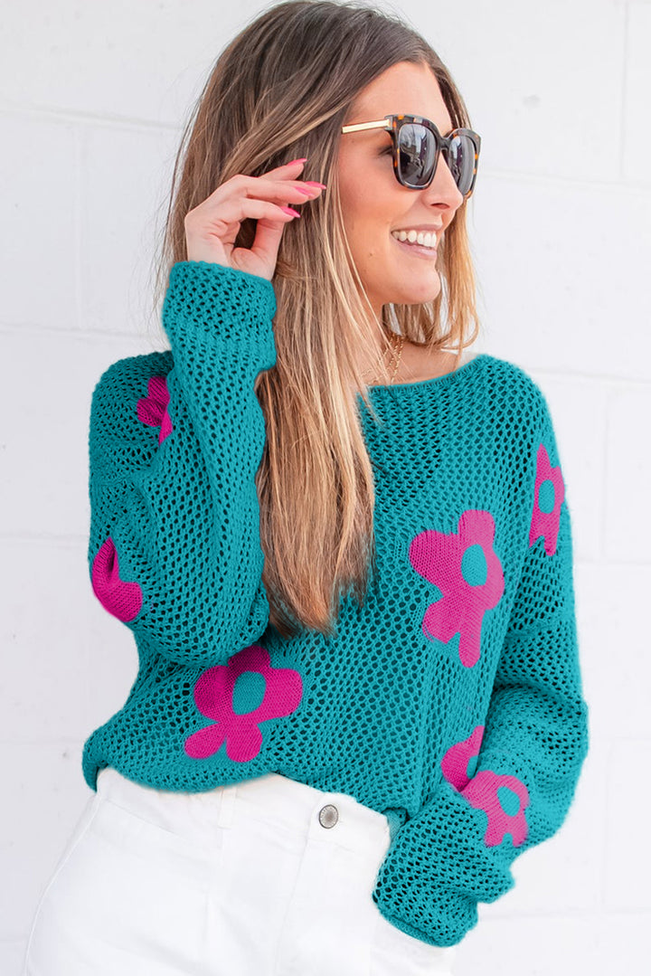 Sea Green Big Flower Hollowed Knit Drop Shoulder Sweater | Women