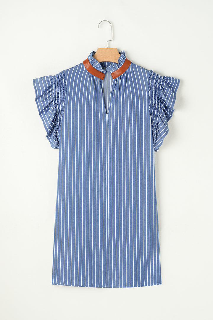 Sky Blue Stripe Frilly Split Neck Shirred Ruffle Sleeve Short Shift Dress