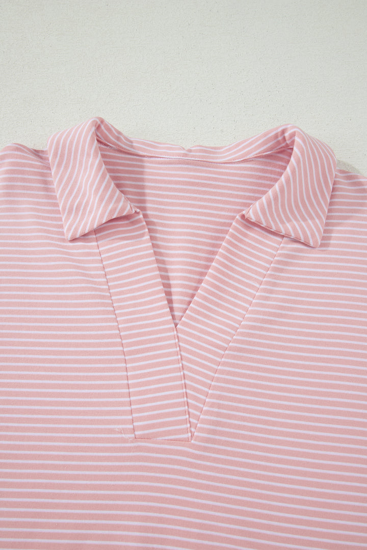 Pink Stripe Dolman Sleeve Polo Shirt and Drawstring Shorts Set