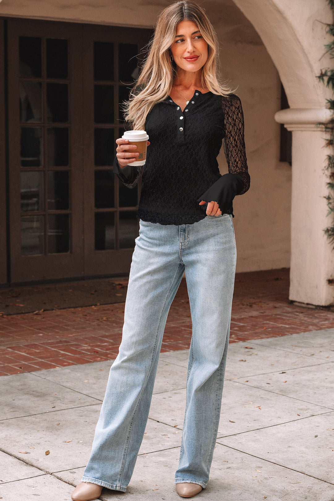 Black Sheer Lace Long Sleeve Slim Henley Top