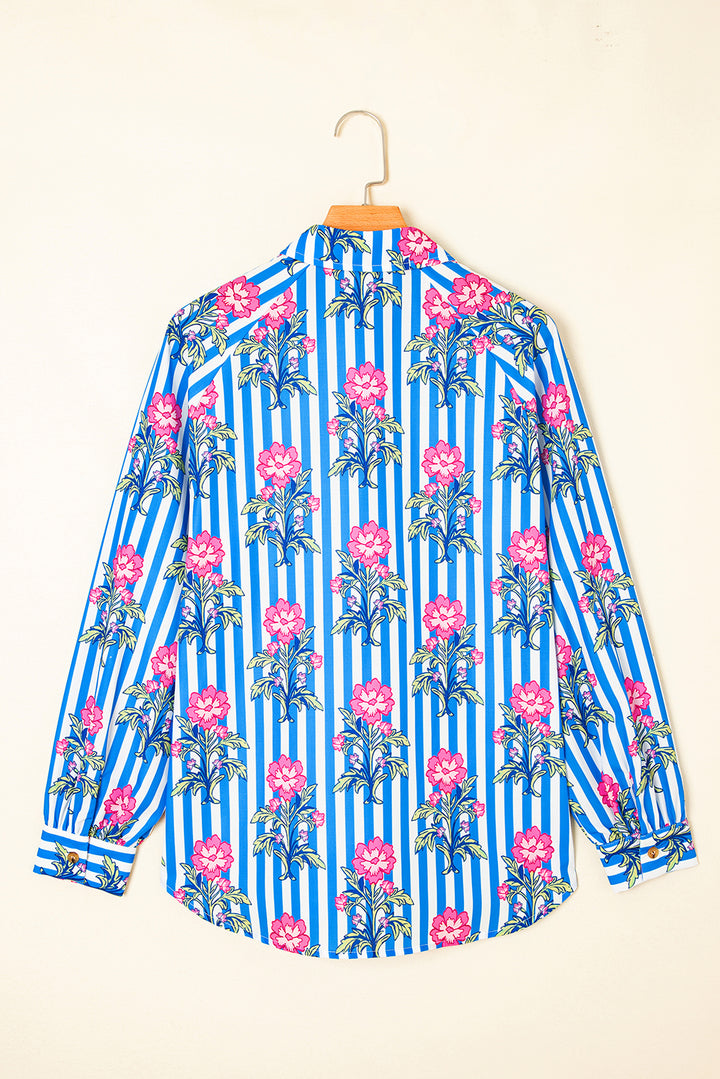 Blue Striped Floral Print Buttoned Cuffs Loose Fit Shirt