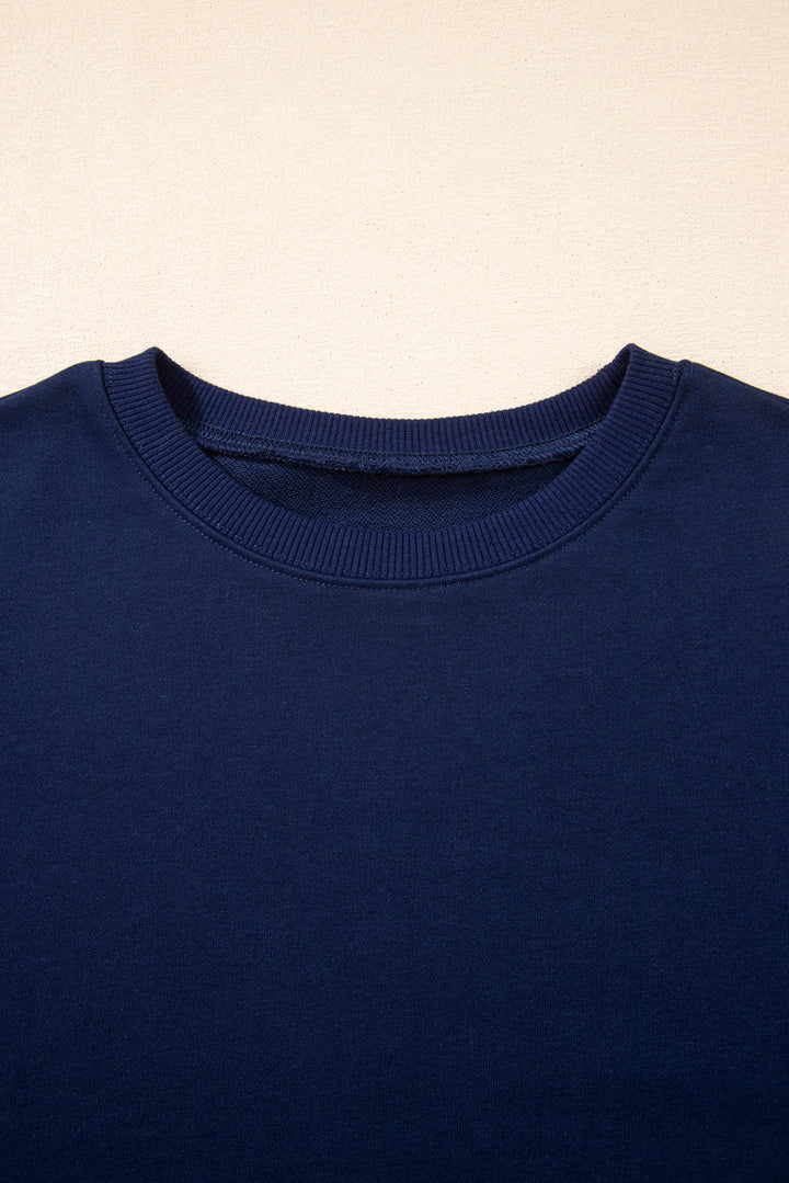 Navy Blue Varsity Stripe Detail Drop Shoulder Pullover Mini Skirt Set