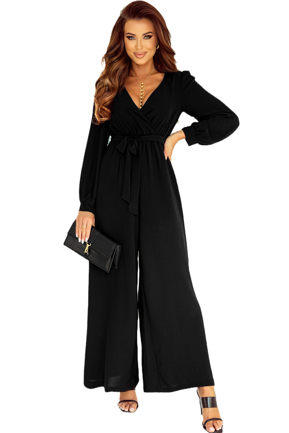 Black Cutout Back Belted V Neck Wide Leg Jumpsuit | Women