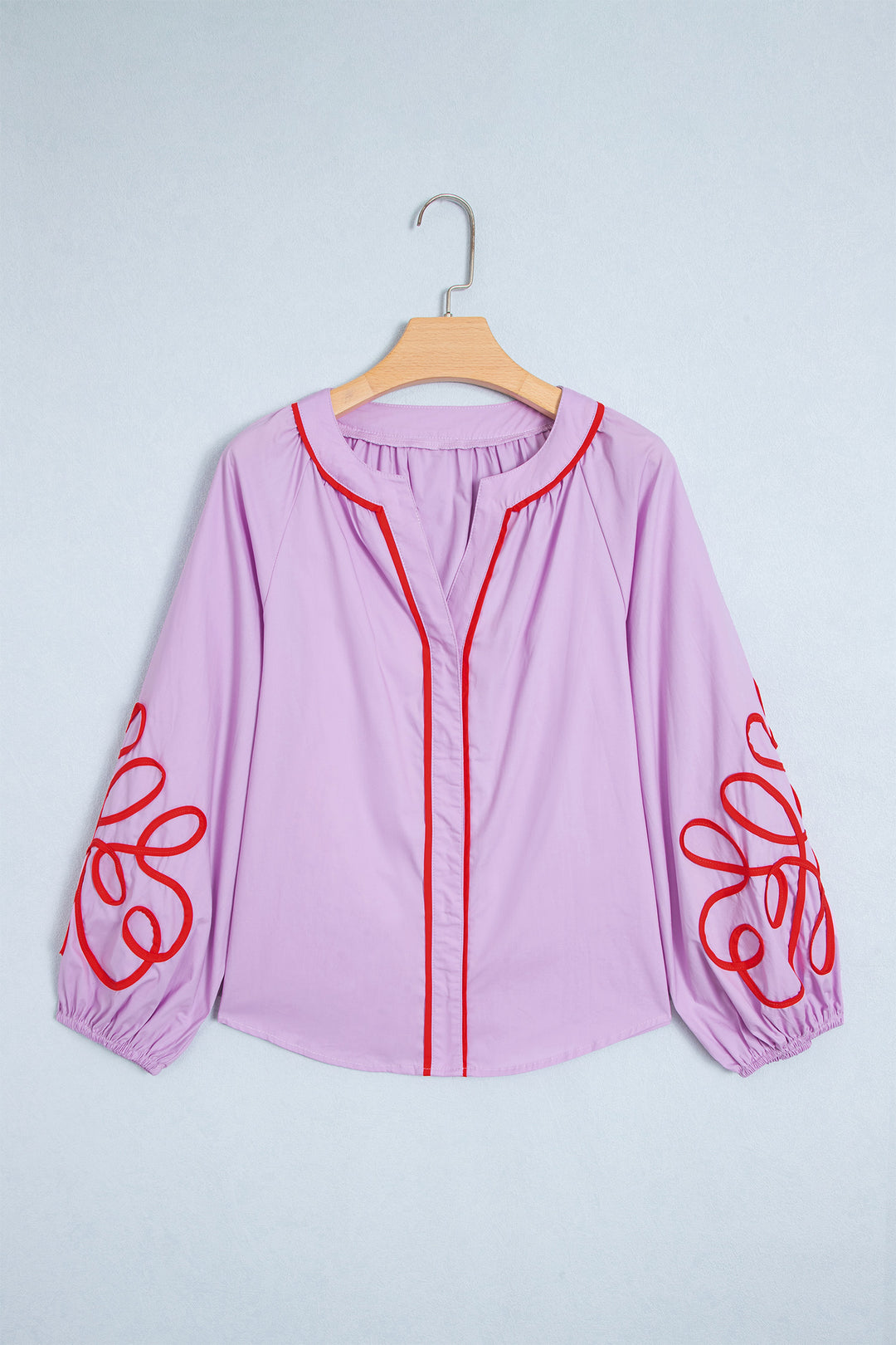 Orchid Bouquet Contrast Detail Long Sleeve Decorative Neckline Cotton Blouse