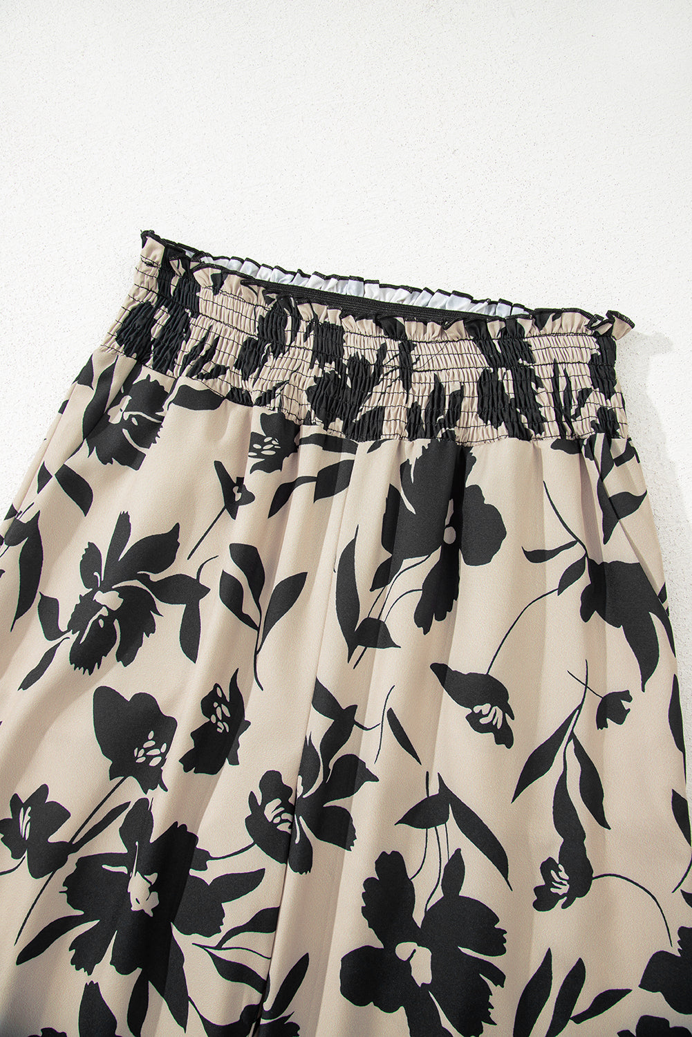 Khaki Floral Print Smocked High Waist Wide Leg Pants