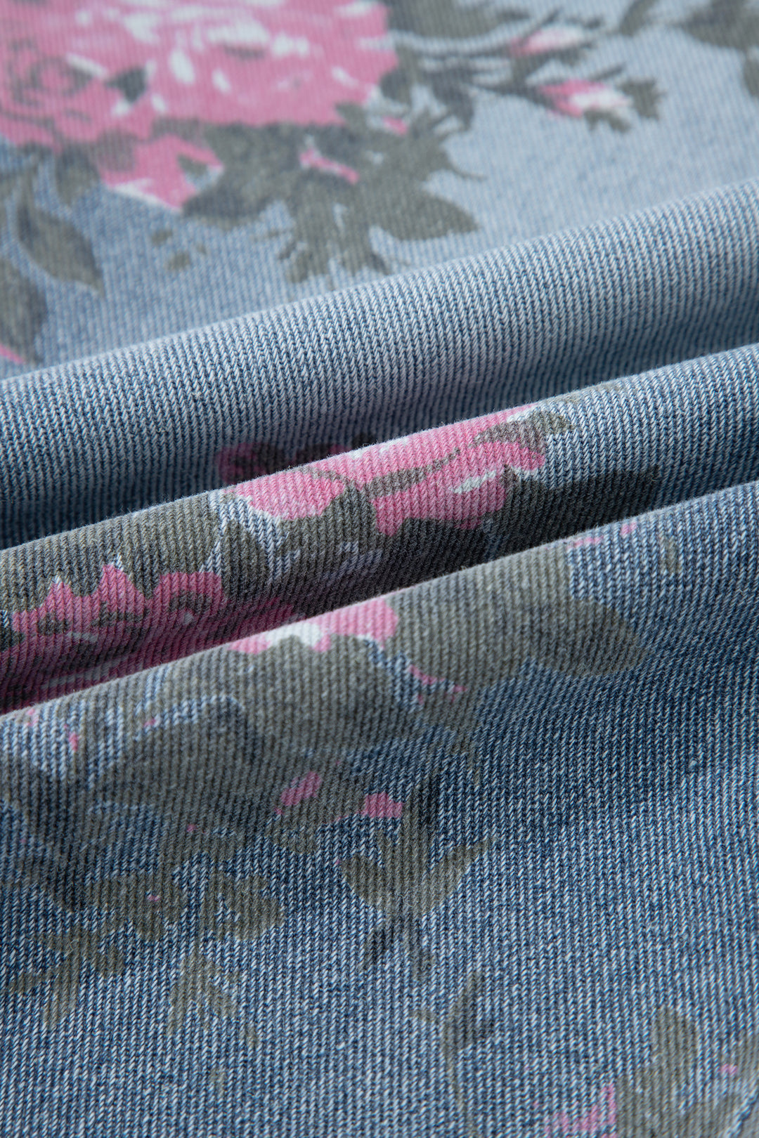Beau Blue Floral Print Elastic Waist Pull On Casual Jeans