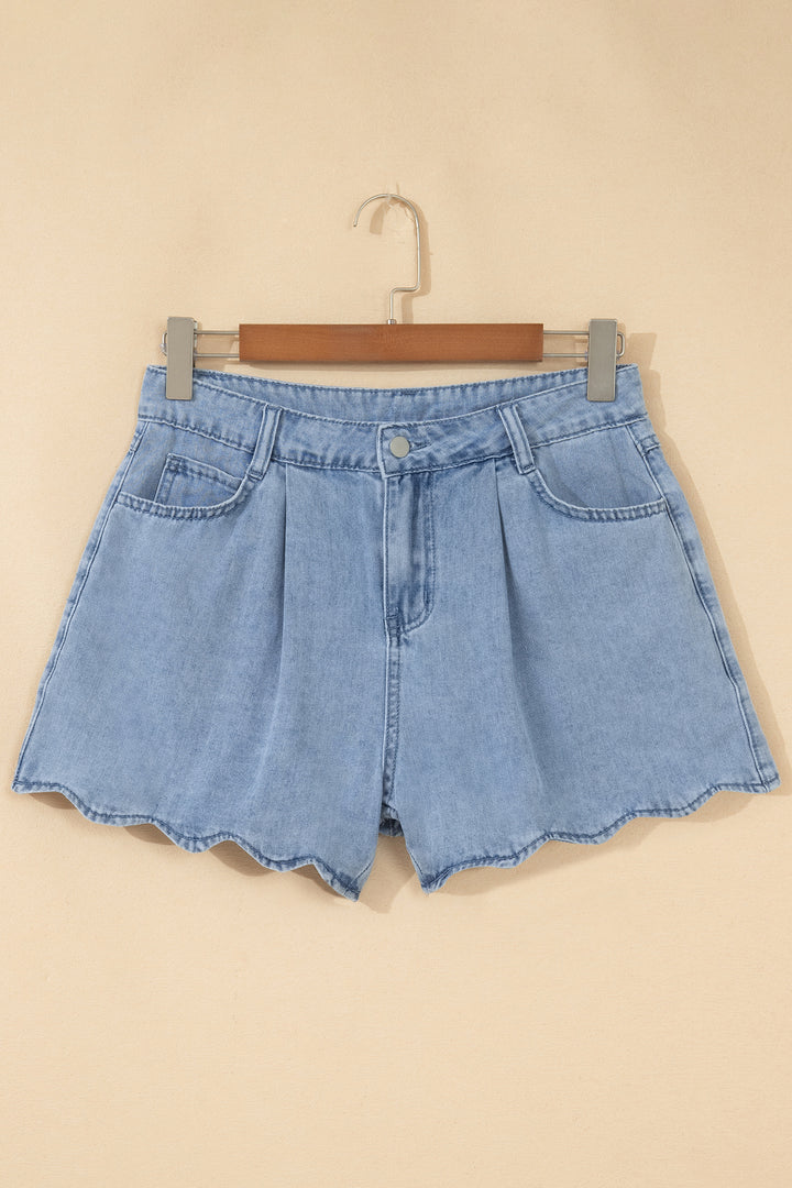 Myosotis Solid Color Scalloped Trim Casual Denim Shorts