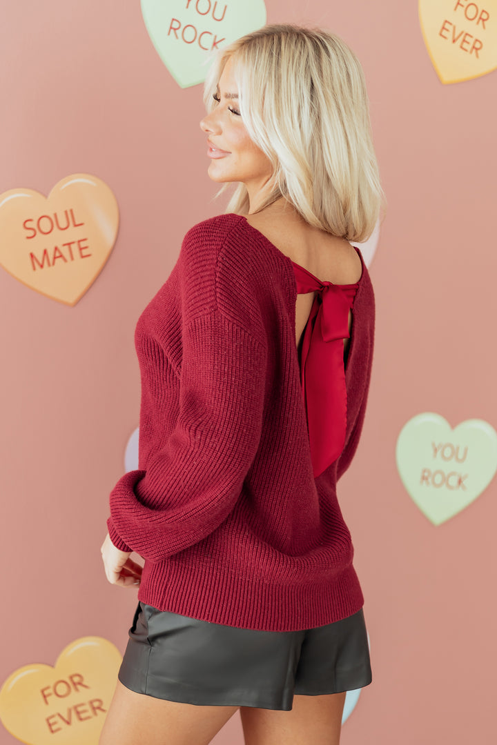 Red Dahlia Ribbed Knit Ribbon Knot Backless Drop Shoulder Sweater
