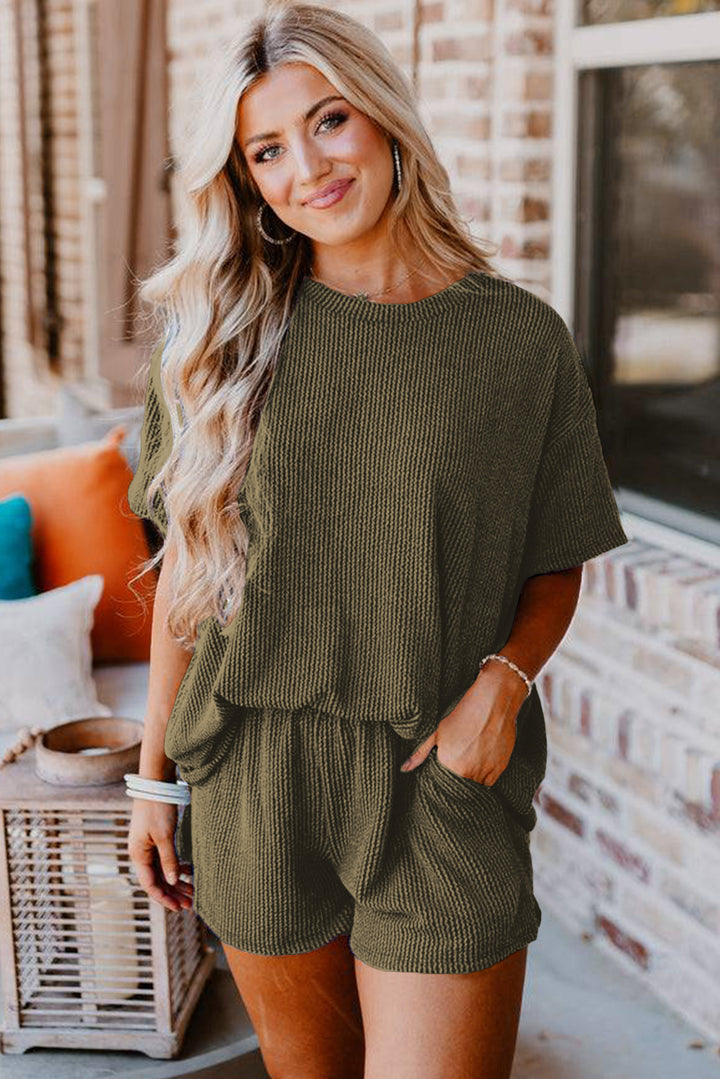 Jungle Green Ribbed Textured Knit Loose Fit Tee and Shorts Set | Women