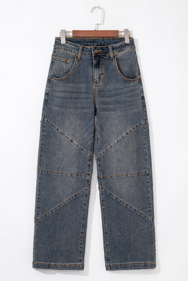 Sail Blue Exposed Stitching Loose Straight High Waist Barrel Jeans